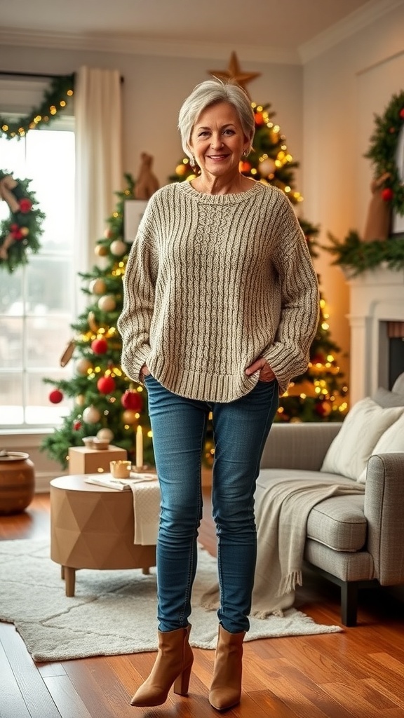 A fashionable woman over 50 in a knit sweater and jeans, surrounded by Christmas decorations.